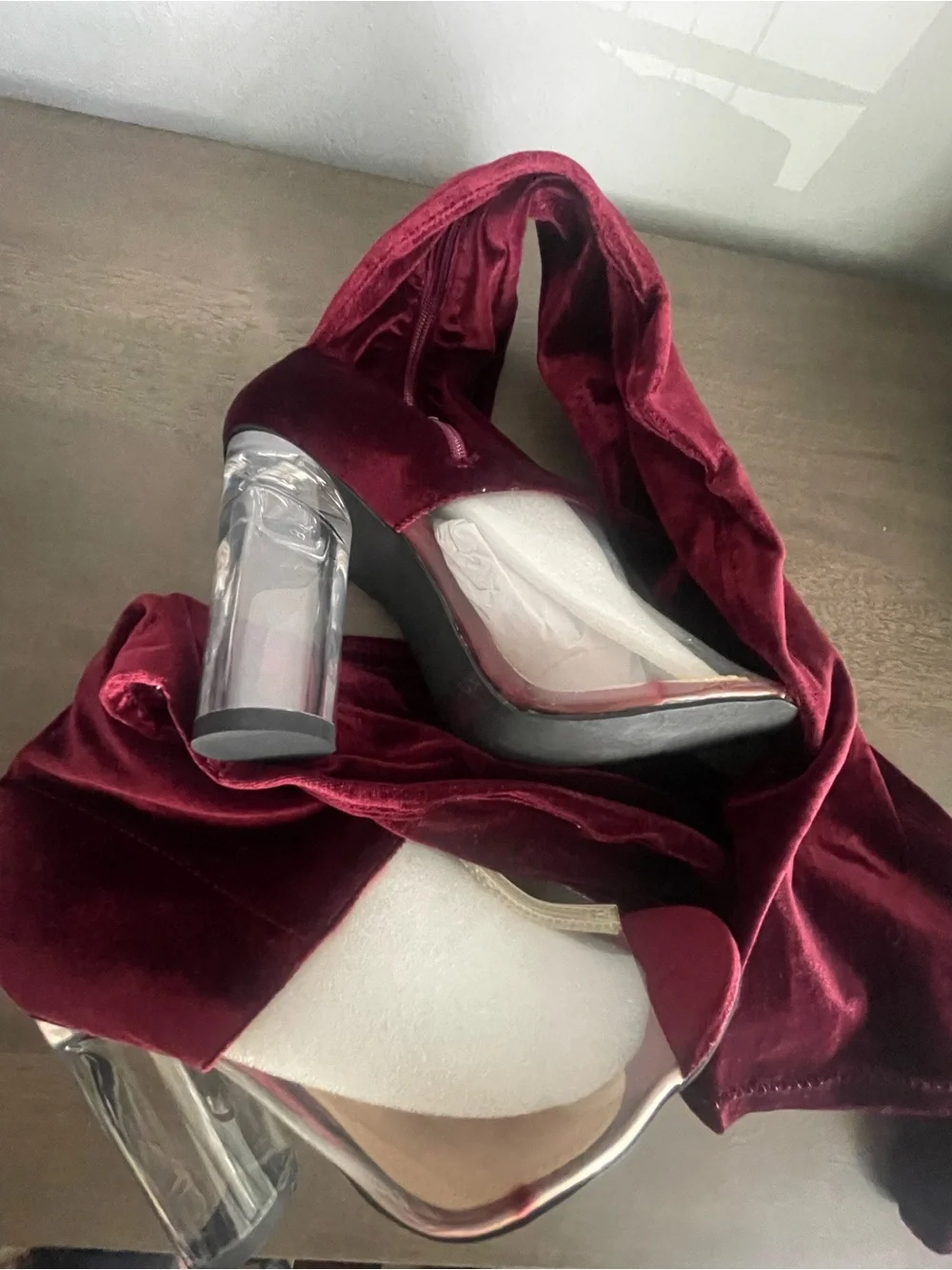 Over-the-Knee Velvet Boots in Burgundy - Women